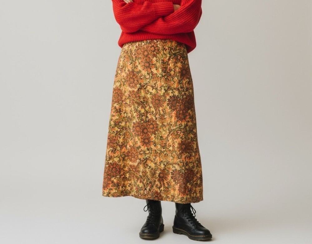 Vintage Handmade Autumn Floral Maxi Skirt A-Line 70s Boho Lined 30” Waist M